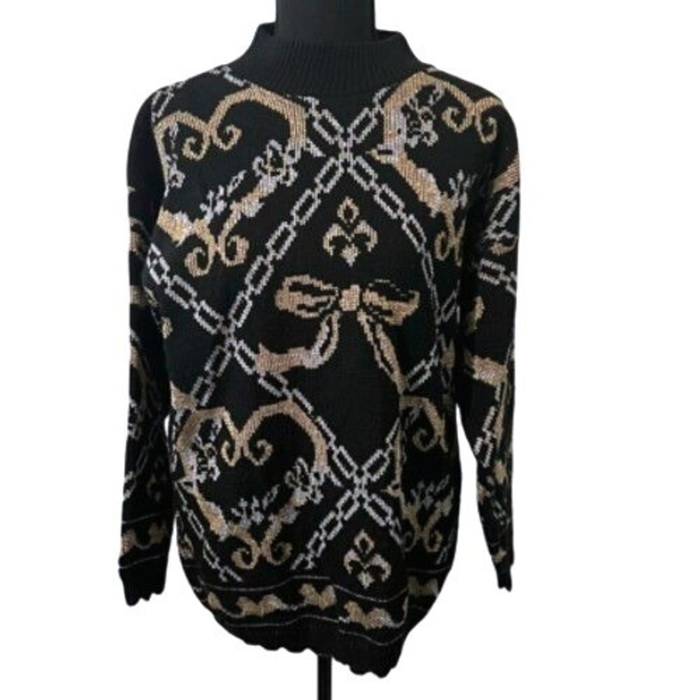Vintage Bows Hearts Scallop Hem Eclectic Detailed Retro Dana Scott Sweater M